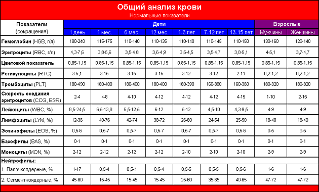 Нормальные показатели общего анализа крови: таблица