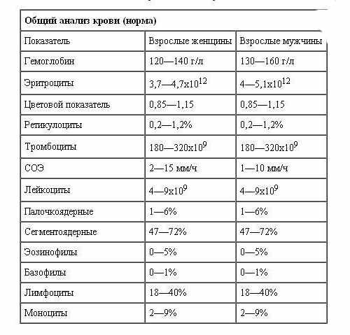 Таблица с нормами ОАК у взрослых
